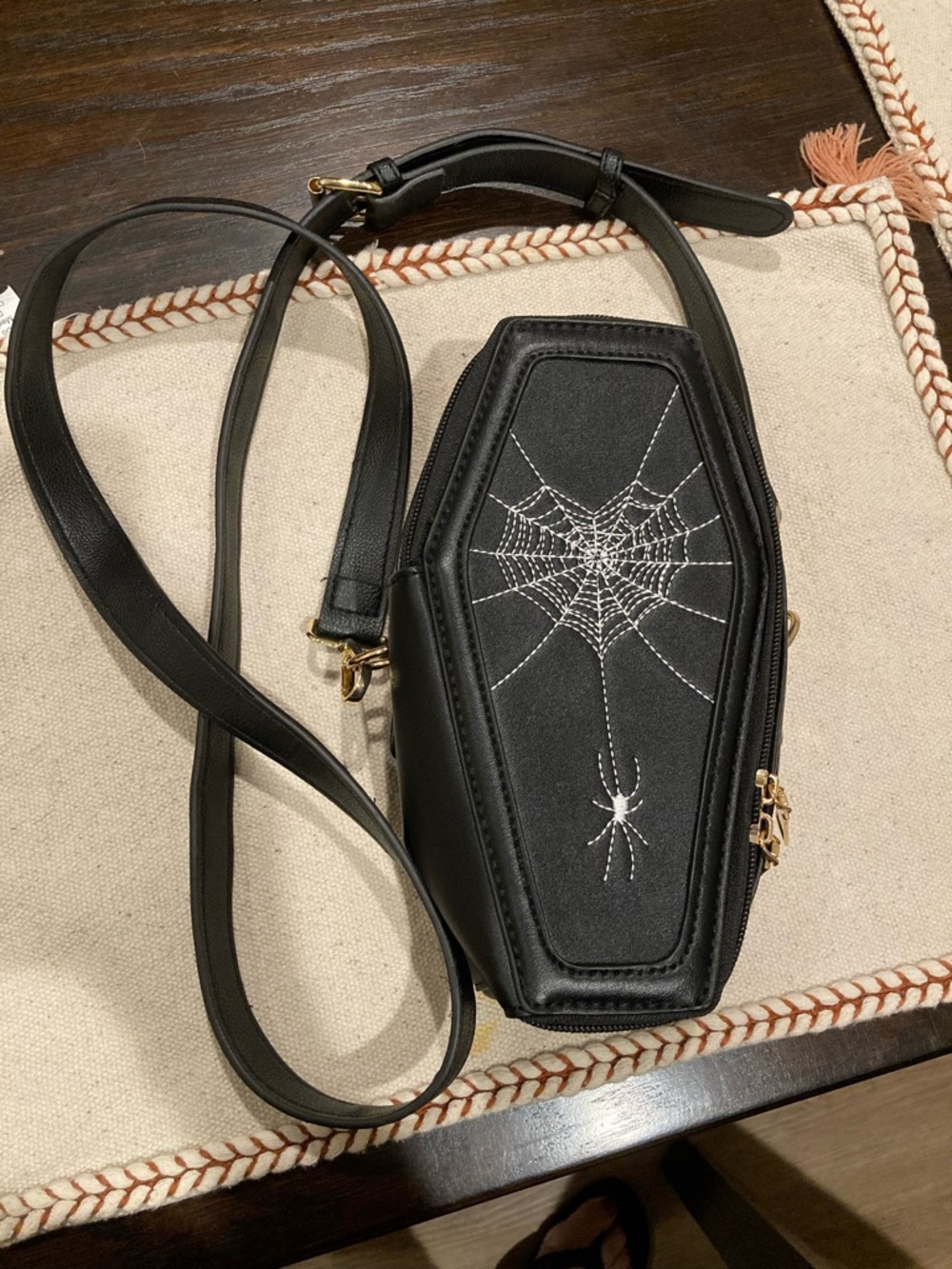 Black Coffin Crossbody Bag with Spider Web Embroidery